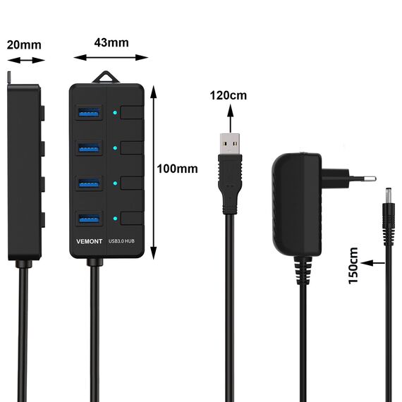 USB Hub mit Netzteil,VEMONT 4 Ports USB3.0 Hub USB Verteiler Aktiv Adapter und Einzelne EIN/Aus-Schalter 1,2m langes Kabel mit 5V/3A Netzteil Adapter für PC/Laptops und Ultrabooks