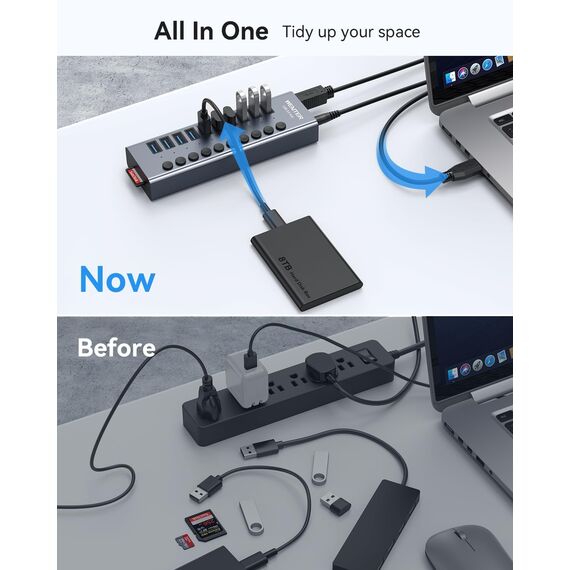 Powered USB 3.0 Hub, Wenter 10 Ports 36W USB Hub Aktiv, Aluminium USB Splitter mit individuellen EIN/Aus Schaltern, SD/TF Kartenleser und USB Hub mit Netzteil für PC/Laptops/MacBook Pro/Air/iMac/iPad