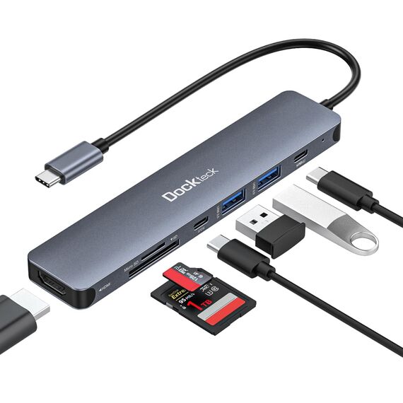 Dockteck 7-in-1-USB-C-Hub Adapter mit HDMI 4K, 2 USB-3.0-Ports, USB C auf SD/TF-Karte, PD-Ladegerät, kompatibel mit MacBook/Surface Pro/iPad/Steam Deck/Rog Ally/Samsung