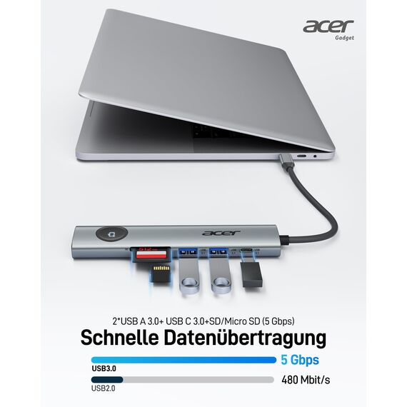 acer USB C Hub 7 in 1, 4K@60Hz HDMI Adaptermit PD 100W, 2X USB 3.0, Kartenleser und Bildschirmsteuerung, 7 in 1 Docking Station USB-C für MacBook Pro/Air, Surface, iPhone 16 Pro