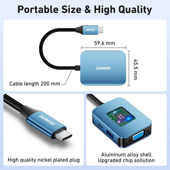 BENFEI USB C HUB 4in1,USB C Multiport-Adapter mit 4K HDMI/ 1080P VGA/ 5Gbps USB 3.0 Data Port/Typ C 60W Power Delivery, kompatibel für iPhone 15 Pro/Max MacBook Pro/Ai iPad Pro iMac Galaxy S23, Blau