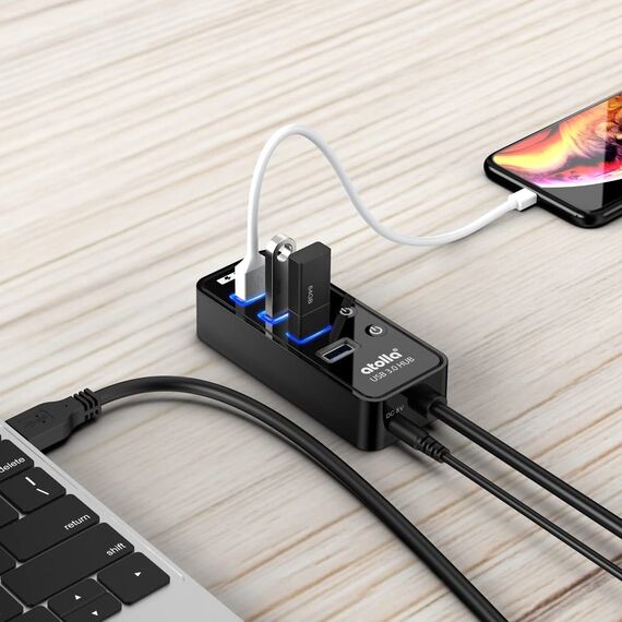 USB Hub mit Netzteil, atolla USB 3.0 Hub Aktiv mit 4 Ports SuperSpeed Datenübertragung und Schalter, USB Verteiler mit Intelligenter Charging Port und 15W(5V/3A) Netzteil Adapter