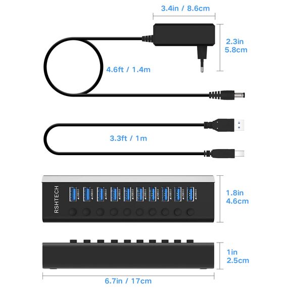 RSHTECH USB Hub Aktiv 3.0 mit 36W(12V/3A) Netzteil, Aluminium 10 Ports USB 3.0 Hub zum Laden und zur Datenübertragung, USB 3.0 Mehrfach Ports Verteiler mit EIN/Aus-Schalter und LED, RSH-A10