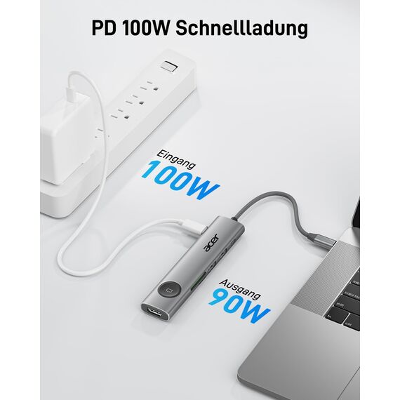 acer USB C Hub 7 in 1, 4K@60Hz HDMI Adaptermit PD 100W, 2X USB 3.0, Kartenleser und Bildschirmsteuerung, 7 in 1 Docking Station USB-C für MacBook Pro/Air, Surface, iPhone 16 Pro