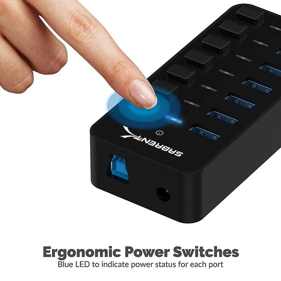SABRENT USB Hub aktiv 3.2x1, mit netzteil 36W 7port, USB Adapter mehrfach Verlängerung, USB Verteiler, Powered USB hub, langes Kabel mit EIN/AUS-schaltern, für PS5, PC, Laptop, MacBook (HB-BUP7)