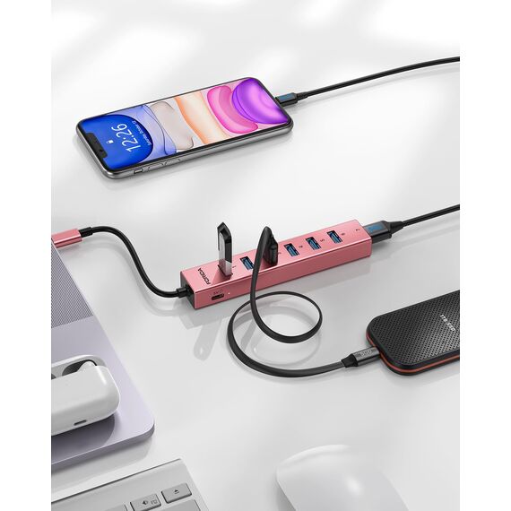 FORIDA Multiport USB C Hub 3.0, USB Verteiler mit 5Gbps Datenübertragung, MacBook Adapter zu USBC Rechargeport, USB-C Splitter für Typ-C Laptop, iPad Pro, Surface, Flash Drive(USBC, 25cm Roségold)