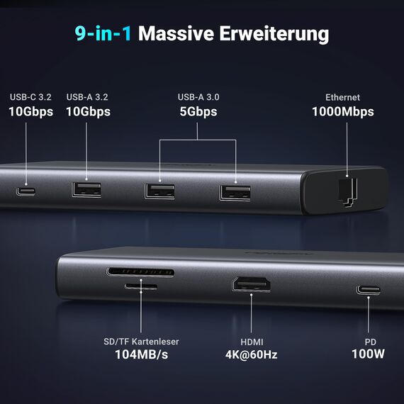 UGREEN Revodok Pro 109 USB C Hub 10Gbps USB A 3.2&USB C 3.2, HDMI 4K@60Hz, PD100W, Ethernet, SD/TF, Docking Station kompatibel mit iPhone 17/16, MacBook Pro/Air, Surface, Galaxy S24/S23 usw.