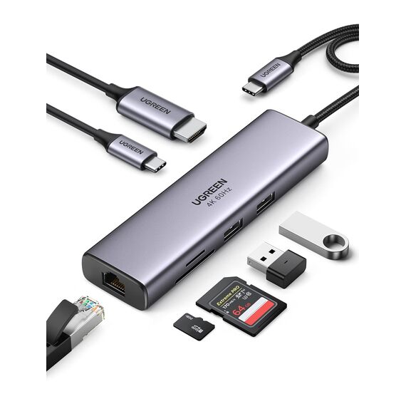 UGREEN Revodok 107 USB C Hub Ethernet 7 in 1 Dock mit 4K 60Hz HDMI, LAN RJ45, PD 100W, SD/TF, 2 USB 3.0 Kompatibel mit iPhone 17/16, Mac mini M4, MacBook Pro/Air, iPad Pro, Surface Pro 7, iMac usw.