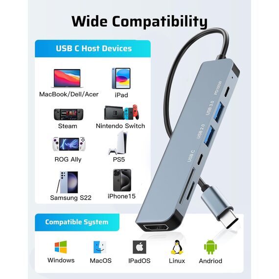 7 in 1 USB C Hub Multiport Adapter Mit 4K HDMI, SD&TF Kartenleser, USB 3.0&2.0 Ports, 100W PD für MacBook Air/Pro, Galaxy, iPad, Surface Book, Chromebook