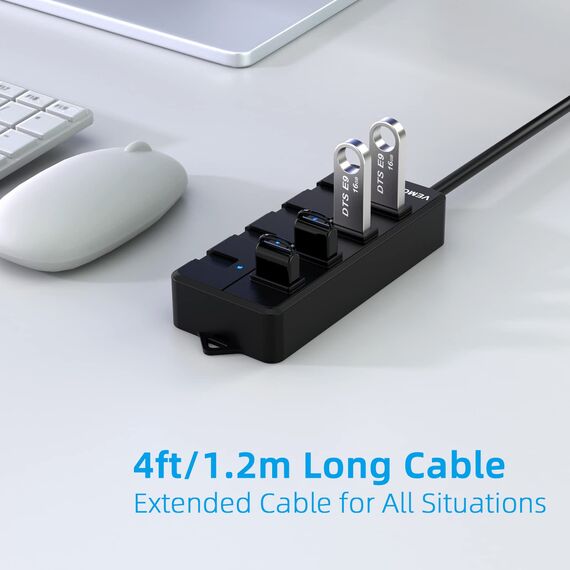 USB Hub mit Netzteil,VEMONT 4 Ports USB3.0 Hub USB Verteiler Aktiv Adapter und Einzelne EIN/Aus-Schalter 1,2m langes Kabel mit 5V/3A Netzteil Adapter für PC/Laptops und Ultrabooks