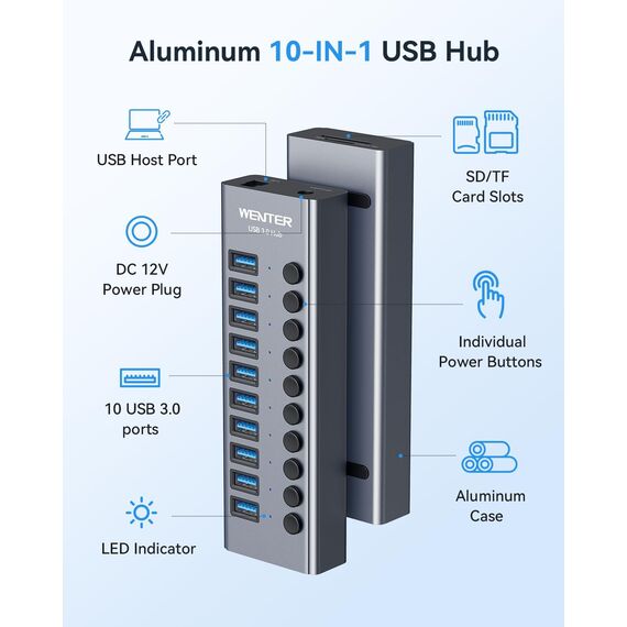 Powered USB 3.0 Hub, Wenter 10 Ports 36W USB Hub Aktiv, Aluminium USB Splitter mit individuellen EIN/Aus Schaltern, SD/TF Kartenleser und USB Hub mit Netzteil für PC/Laptops/MacBook Pro/Air/iMac/iPad
