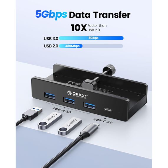 ORICO USB Hub, Aluminum USB 3.0 Hub Clip mit 5V Stromversorgungsanschluss, 5Gbps 4 Port USB Verteiler mit 3 Typ-A 3.0 und 1 Typ-C 3.0, 100cm Kabel (C auf A/C), für Monitoren, Schreibtischen