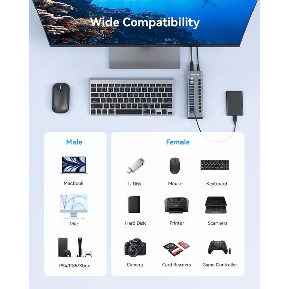 Powered USB 3.0 Hub, Wenter 10 Ports 36W USB Hub Aktiv, Aluminium USB Splitter mit individuellen EIN/Aus Schaltern, SD/TF Kartenleser und USB Hub mit Netzteil für PC/Laptops/MacBook Pro/Air/iMac/iPad
