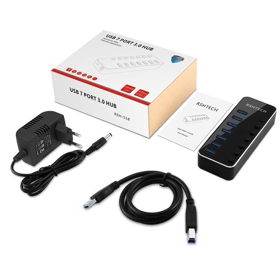 RSHTECH USB Hub Aktiv 3.0 mit Netzteil, Aluminium USB 3.0 Hub mit 7 5 Gbps Ports, USB 3.0 Port Verteiler für Datenübertragung mit 10W (5V/2A) Netzteil, RSH-518-2