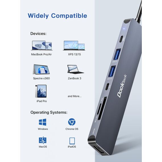 Dockteck 7-in-1-USB-C-Hub Adapter mit HDMI 4K, 2 USB-3.0-Ports, USB C auf SD/TF-Karte, PD-Ladegerät, kompatibel mit MacBook/Surface Pro/iPad/Steam Deck/Rog Ally/Samsung