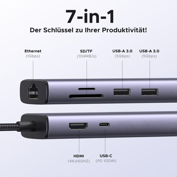 UGREEN Revodok 107 USB C Hub Ethernet 7 in 1 Dock mit 4K 60Hz HDMI, LAN RJ45, PD 100W, SD/TF, 2 USB 3.0 Kompatibel mit iPhone 17/16, Mac mini M4, MacBook Pro/Air, iPad Pro, Surface Pro 7, iMac usw.