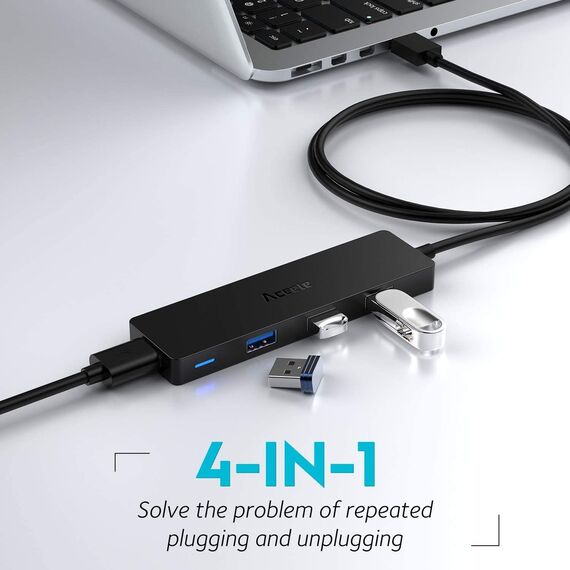 Aceele USB Hub 3.0 mit verlängertem 120cm Kabel, Ultra dünn USB Hub auf 4 USB 3.0 verlängerung, kompatibel mit Desktop-Computer, MacBook Pro/Air, iMac,Surface Pro,PS 4 und weiteren Laptops