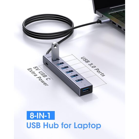 FORIDA 8-Port USB Hub 3.0 Mit 120cm Langes Kabel Hubs, Aluminium USB Verteiler 5Gbps Multiport Adapter Für Laptop, MacBook, PC, U-Disk, USB-3.0 Splitter Mit 15W USBC Port- Grau