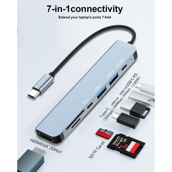 7 in 1 USB C Hub Multiport Adapter Mit 4K HDMI, SD&TF Kartenleser, USB 3.0&2.0 Ports, 100W PD für MacBook Air/Pro, Galaxy, iPad, Surface Book, Chromebook