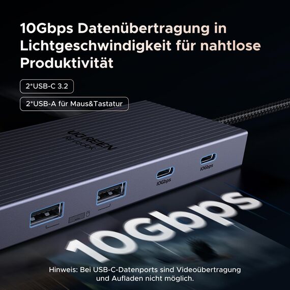 UGREEN Triple Display Dock - 2×HDMI 4K@60Hz, DisplayPort 4K@120Hz, 400 mm Kabellänge, 10Gbps USB-C, USB-A, SD/TF Kartenleser, LAN, Audio, 100W PD - Kompatibel mit ThinkPad X1, HP Envy 17, XPS 15