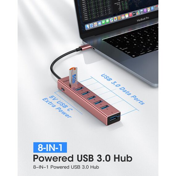 FORIDA Multiport USB C Hub 3.0, USB Verteiler mit 5Gbps Datenübertragung, MacBook Adapter zu USBC Rechargeport, USB-C Splitter für Typ-C Laptop, iPad Pro, Surface, Flash Drive(USBC, 25cm Roségold)