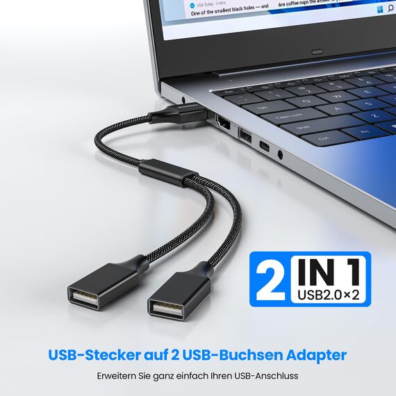 MOGOOD USB-Splitterkabel, USB-Y-Splitter-Adapter, Dual-USB-2.0-Netzkabel-Verlängerung zum Laden/Datenübertragung/Laptop/Mac/Auto