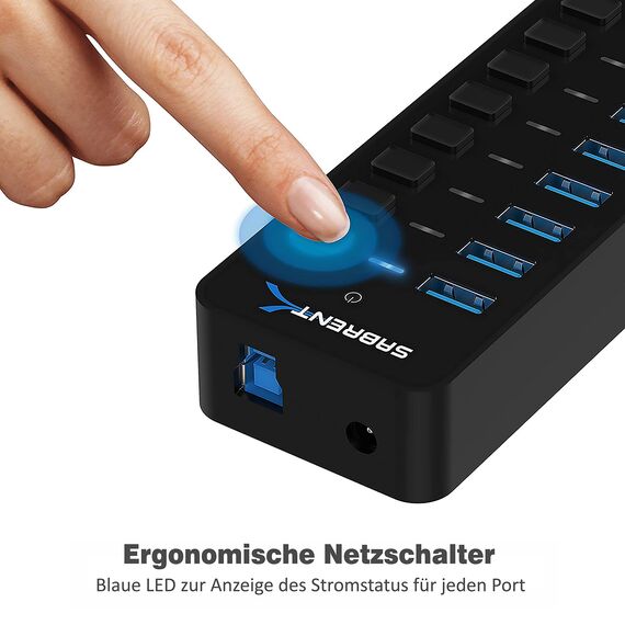 Sabrent USB Hub aktiv 3.0 mit netzteil 60W 10port, USB Adapter mehrfach Verlängerung, USB Verteiler, Powered USB hub, langes Kabel mit EIN/AUS-schaltern, für PS5, PC, Laptop, MacBook, usw. (HB-BU10)