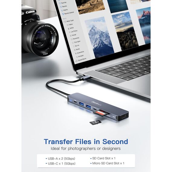 Dockteck 7-in-1-USB-C-Hub Adapter mit HDMI 4K, 2 USB-3.0-Ports, USB C auf SD/TF-Karte, PD-Ladegerät, kompatibel mit MacBook/Surface Pro/iPad/Steam Deck/Rog Ally/Samsung