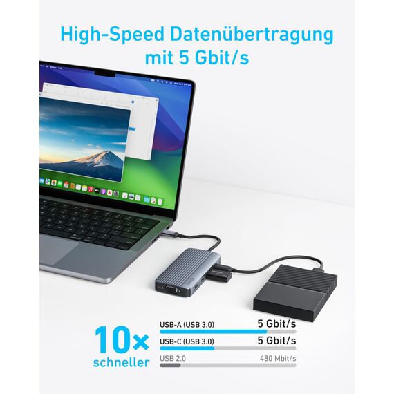 Anker 8-in-1 USB-C Hub, USB C Dockingstation Triple Display Multi-Port Dongle mit 2 HDMI und VGA, 5 Gbit/s Datenübertragung, USB Ports für MacBook Air/Pro, Dell XPS, iPad Pro und mehr