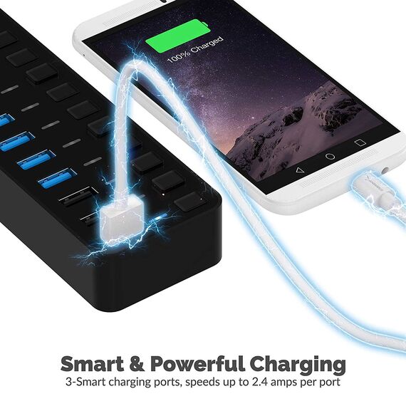 SABRENT USB Hub aktiv 3.2x1 + netzteil 60W 10port (7 USB hub 3.2 + 3 Ladeanschlüsse) USB Adapter mehrfach Verlängerung, USB Verteiler, Powered USB hub, mit EIN/AUS Schaltern, fur PS5, PC, MacBook