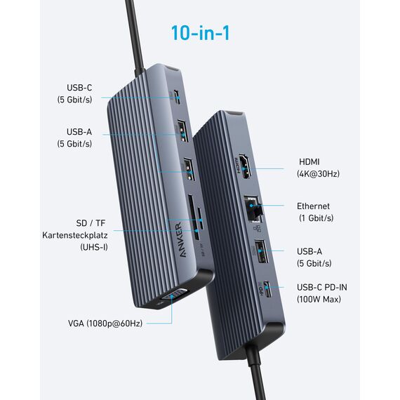 Anker Dual-Display USB-C Hub (10-in-1), 4K@30Hz HDMI Display mit 100W Max Power Delivery, 5 Gbit/s USB-C und USB-A Datenports, Für MacBook, Lenovo, Dell XPS, HP Laptops A83C20A1