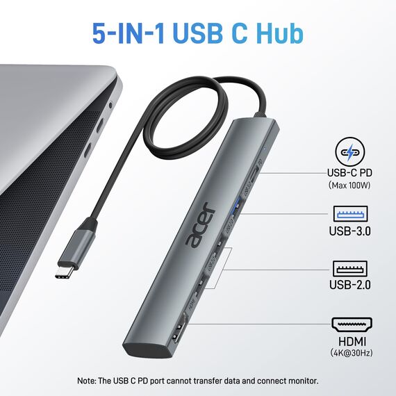 acer USB C Hub 5 in 1, Tragbarer 4K HDMI Adapter PD 100W, 3X USB-A Datenport, USB C auf HDMI Adapter kompatibel mit acer Laptop, Chromebook, Surface, Galaxybook, MacBook Pro/Air, iPad Pro/Air - 60cm