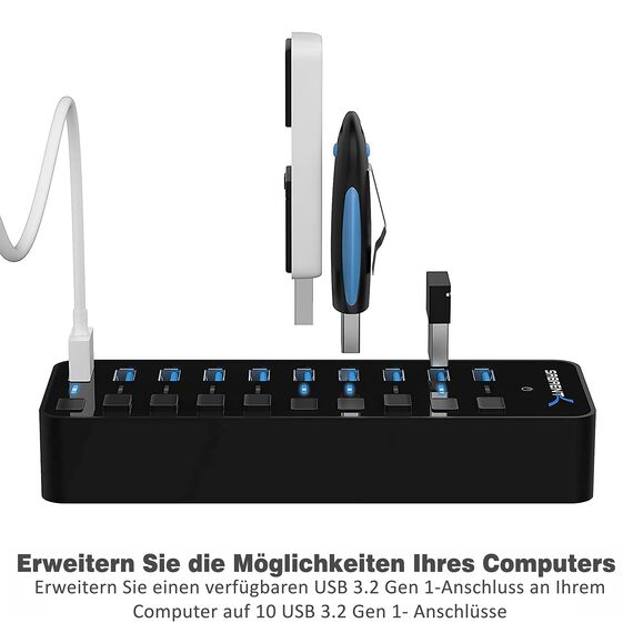 Sabrent USB Hub aktiv 3.0 mit netzteil 60W 10port, USB Adapter mehrfach Verlängerung, USB Verteiler, Powered USB hub, langes Kabel mit EIN/AUS-schaltern, für PS5, PC, Laptop, MacBook, usw. (HB-BU10)