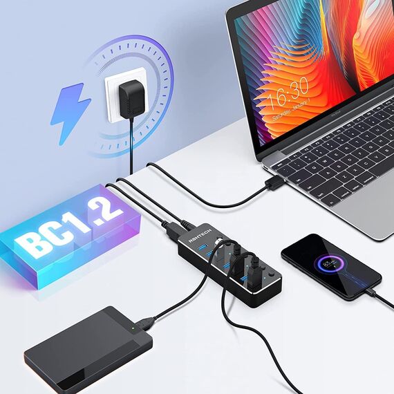 RSHTECH USB Hub Aktiv 3.0 mit Netzteil, Aluminium USB 3.0 Hub mit 7 5 Gbps Ports, USB 3.0 Port Verteiler für Datenübertragung mit 10W (5V/2A) Netzteil, RSH-518-2