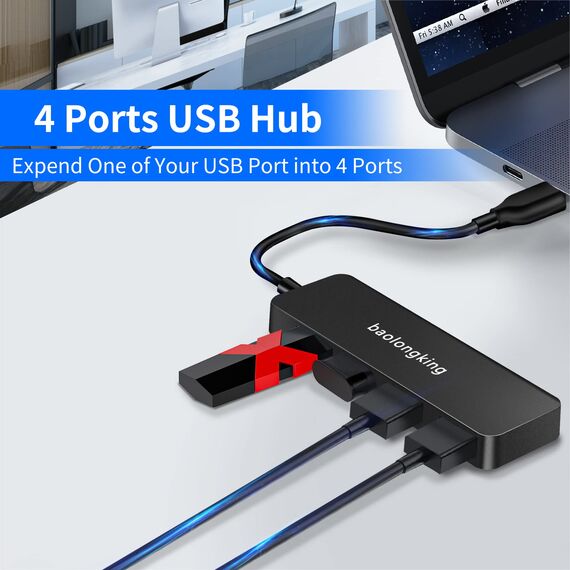 4-Buchsen USB-Hub, sehr dünn, tragbar, USB Splitter für iMac Pro, MacBook Air, Mac Mini/Pro, Surface Pro, Notebook PC, Laptop, USB-Sticks und mobile HDD