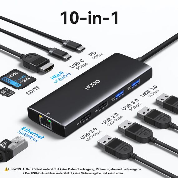HODO USB C Hub Ethernet für MacBook Air/Pro, Adapter Mac Book Zubehör 10 in 1 mit 4K 60Hz HDMI, Ethernet, 100W PD, SD TF Kartensteckplatz, 4USB und USB-C Datenport, Type C Dongle für iPad, Surface