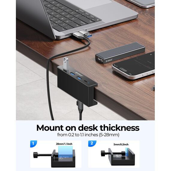 ORICO USB Hub, Aluminum USB 3.0 Hub Clip mit 5V Stromversorgungsanschluss, 5Gbps 4 Port USB Verteiler mit 3 Typ-A 3.0 und 1 Typ-C 3.0, 100cm Kabel (C auf A/C), für Monitoren, Schreibtischen