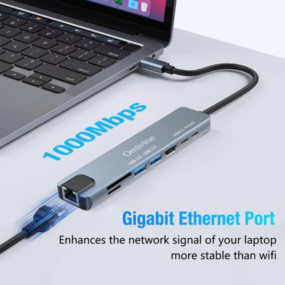 8-In-1 USB-C Hub mit 1G Ethernet, PD 100W, 4K HDMI, 2 X USB 3.0, 1 X C, SD/TF Kartenleser, Typ-C Splitter Adapter für iPhone 16/15, MacBook, iPad, Samsung, MacBook, Surface, Dell, Laptop, PS4, TV