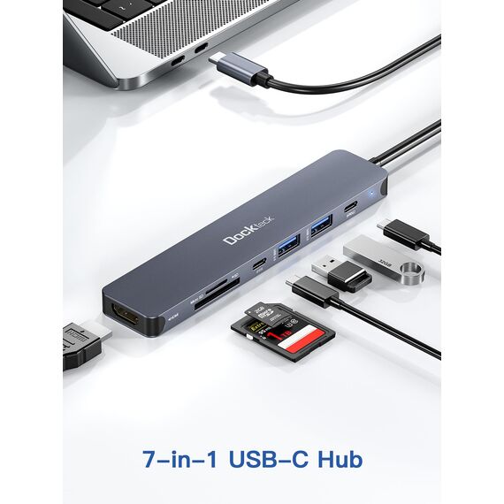 Dockteck 7-in-1-USB-C-Hub Adapter mit HDMI 4K, 2 USB-3.0-Ports, USB C auf SD/TF-Karte, PD-Ladegerät, kompatibel mit MacBook/Surface Pro/iPad/Steam Deck/Rog Ally/Samsung