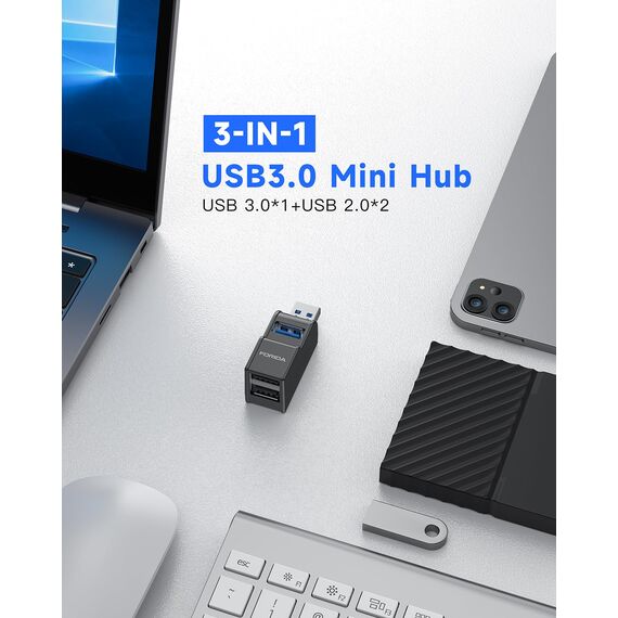 FORIDA 3-Port Mini USB-Hub, Tragbarer USB-Verteiler (1 Eingang, 3 Ausgänge) für Computer-Zubehör (Schwarz)