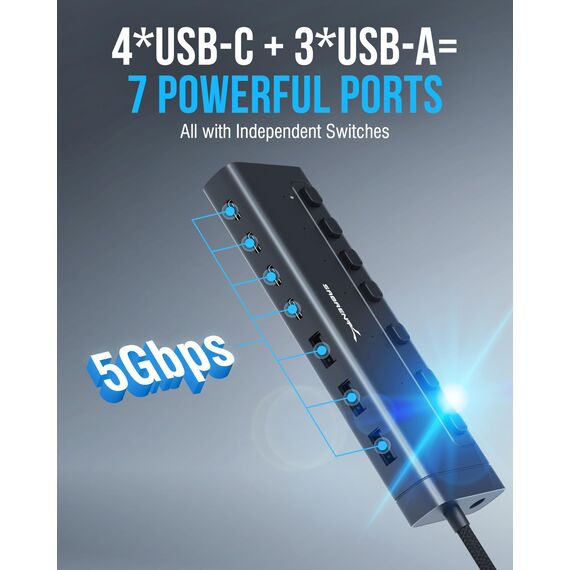 SABRENT USB C Hub 7 Port 48 W mit Schaltern (HB-3A4C)