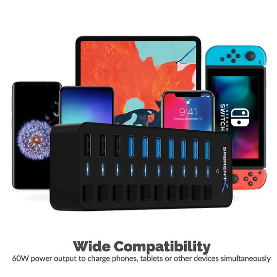 SABRENT USB Hub aktiv 3.2x1 + netzteil 60W 10port (7 USB hub 3.2 + 3 Ladeanschlüsse) USB Adapter mehrfach Verlängerung, USB Verteiler, Powered USB hub, mit EIN/AUS Schaltern, fur PS5, PC, MacBook