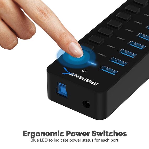 SABRENT USB Hub aktiv 3.2x1 + netzteil 60W 10port (7 USB hub 3.2 + 3 Ladeanschlüsse) USB Adapter mehrfach Verlängerung, USB Verteiler, Powered USB hub, mit EIN/AUS Schaltern, fur PS5, PC, MacBook