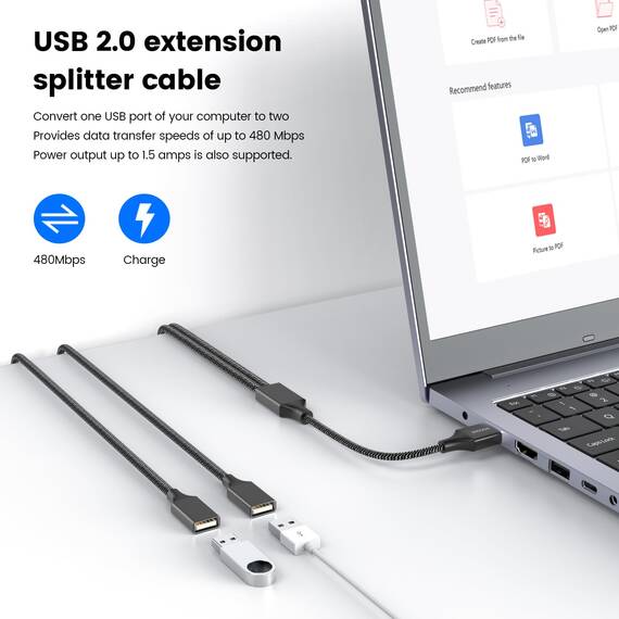 MOGOOD USB-Verlängerungskabel - USB-Splitter mit 2 Buchsen, Langlebiges Nylon-Eflecht, Schnelle Datenübertragung, Kompatibel mit Drucker und Flash-Laufwerk