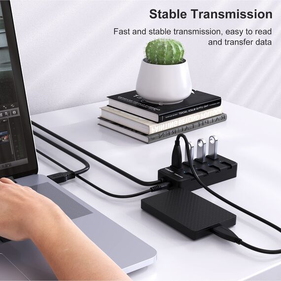 USB Hub mit Netzteil,VEMONT 4 Ports USB3.0 Hub USB Verteiler Aktiv Adapter und Einzelne EIN/Aus-Schalter 1,2m langes Kabel mit 5V/3A Netzteil Adapter für PC/Laptops und Ultrabooks