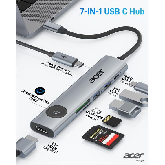 acer USB C Hub 7 in 1, 4K@60Hz HDMI Adaptermit PD 100W, 2X USB 3.0, Kartenleser und Bildschirmsteuerung, 7 in 1 Docking Station USB-C für MacBook Pro/Air, Surface, iPhone 16 Pro