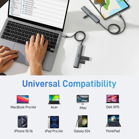 acer USB C Hub 5 in 1, Tragbarer 4K HDMI Adapter PD 100W, 3X USB-A Datenport, USB C auf HDMI Adapter kompatibel mit acer Laptop, Chromebook, Surface, Galaxybook, MacBook Pro/Air, iPad Pro/Air - 60cm