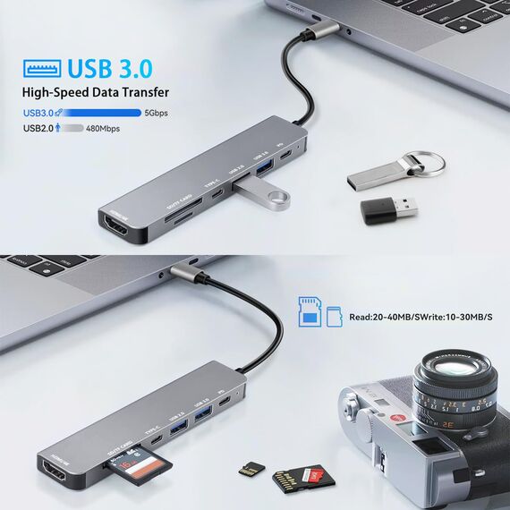 USB C HUB 1 in 7, 1 in 7 USB C Multiport Adapter mit 4K HDMI, 100W PD, USB Typ C, SD/TF Card Reader für iPhone 16/15 Serie, MacBook Pro/Air, Mac mini, iPad, Samsung, Huawei, Dell