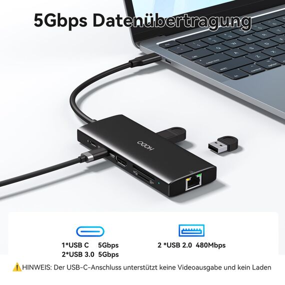 HODO USB C Hub Ethernet für MacBook Air/Pro, Adapter Mac Book Zubehör 10 in 1 mit 4K 60Hz HDMI, Ethernet, 100W PD, SD TF Kartensteckplatz, 4USB und USB-C Datenport, Type C Dongle für iPad, Surface