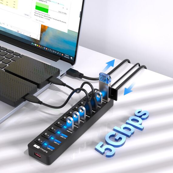 USB Hub Aktiv 3.0 mit Netzteil, VEMONT 11 Ports USB Verteiler (10*3.0 Ports,1 Intelligenter Charging Port)mit 12V/3A Netzteil,USB Splitter mit Individuellen Schalter & 1,2m Langes Kabel für PC/Laptop